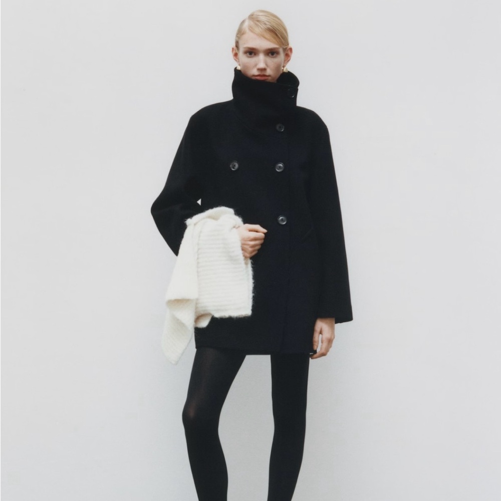 Midi wool coat with wraparound collar Black
